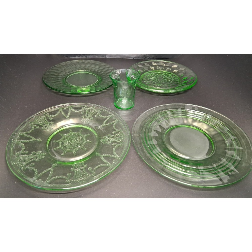 Vintage Green Uranium Glass Plate x2 and Shot Glass, 2 Plates Green Depression